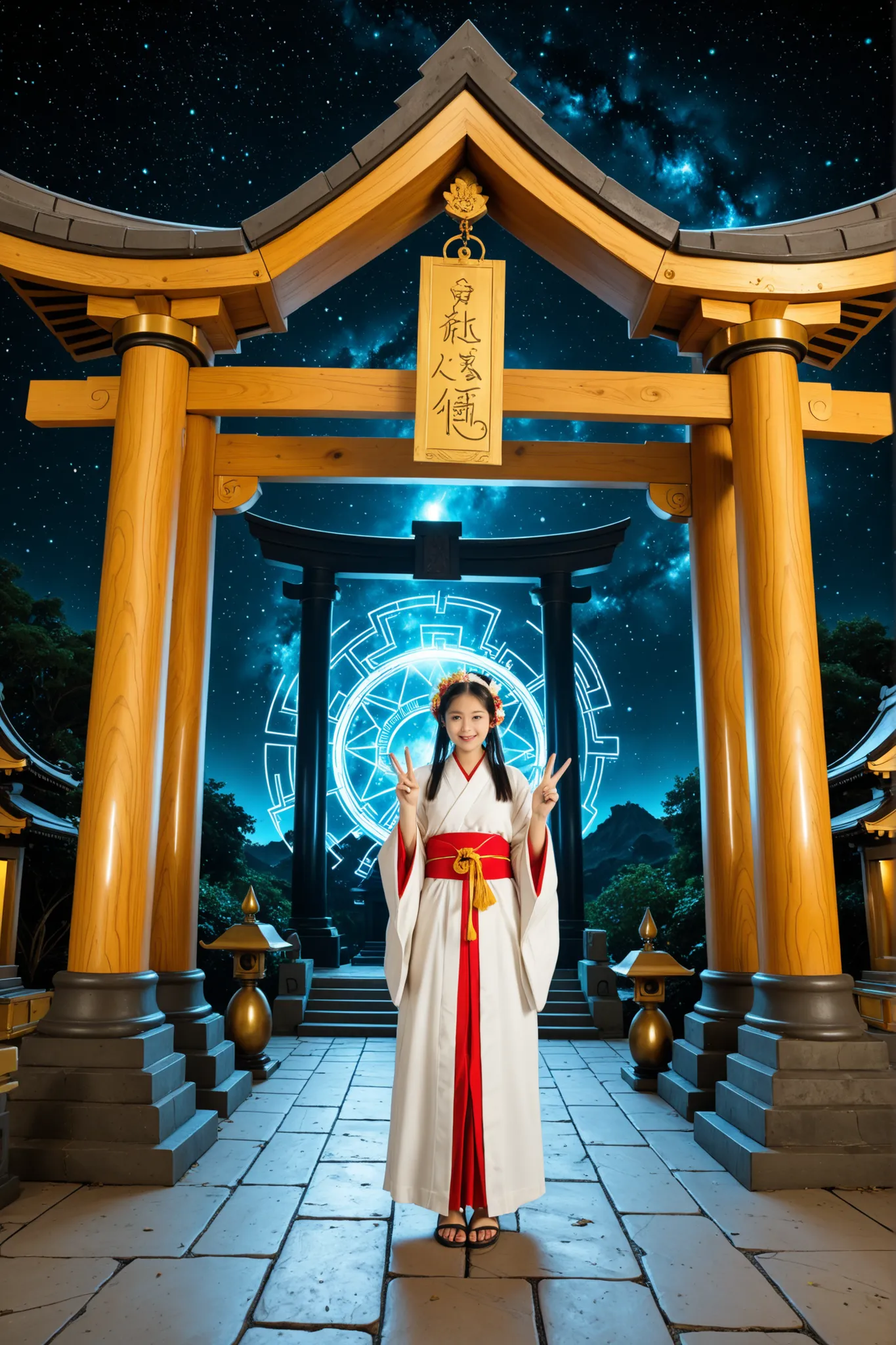 In the grounds of a temple in cyberspace, a cyber-style shrine maiden and cyber-style kindergarteners all make a peace sign.