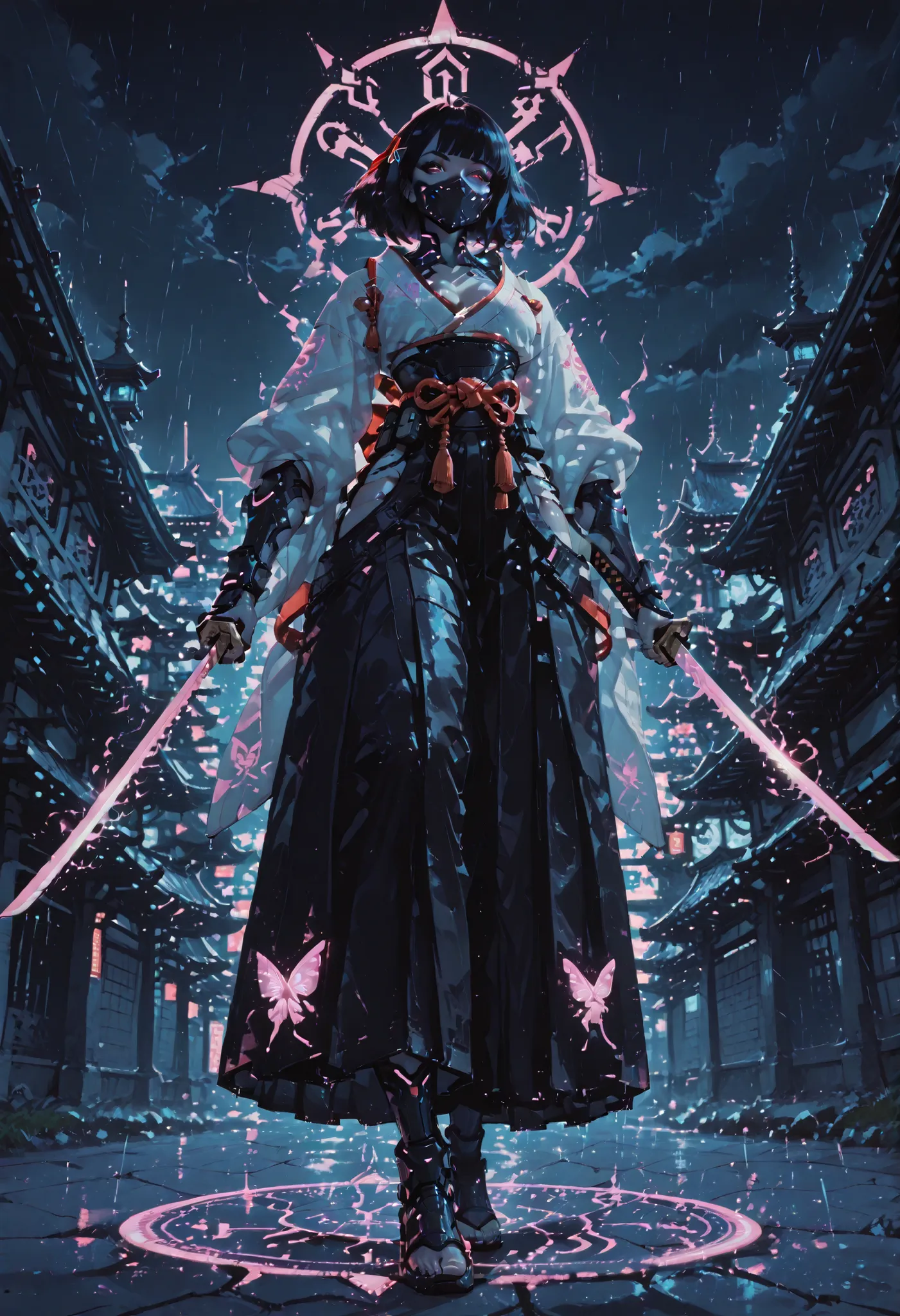 UHD anime screencap, Ultra-high clarity, definitive detail, Flawlessly-impressive digital illustration. at night, female character focus, sole focus, dynamic action angle, low angle, mid-distance, powering-up, magical spell circle on the ground, glowing au...