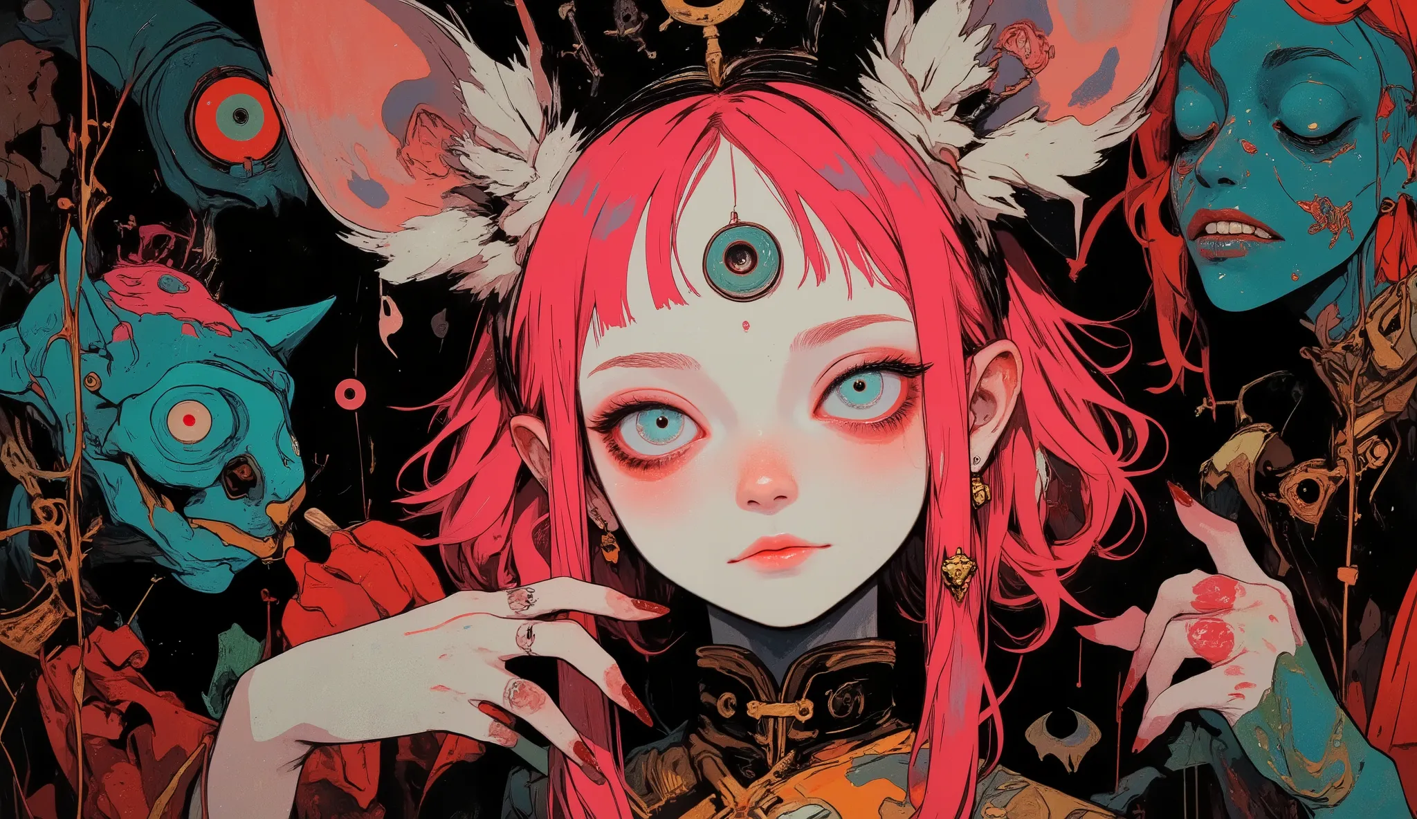 1girl\(cute,chibi, adult, kawaii,small ,pink hair,detailed pupils, wearing dress\(alice in wonderland\),whitemouse girl, (cosmic red eye),mouse ear\(cute earrings\),cute collar,big eyes,smile,eating cake,cute pose,wink,furry,anthro,dynamic angle\),(backgro...
