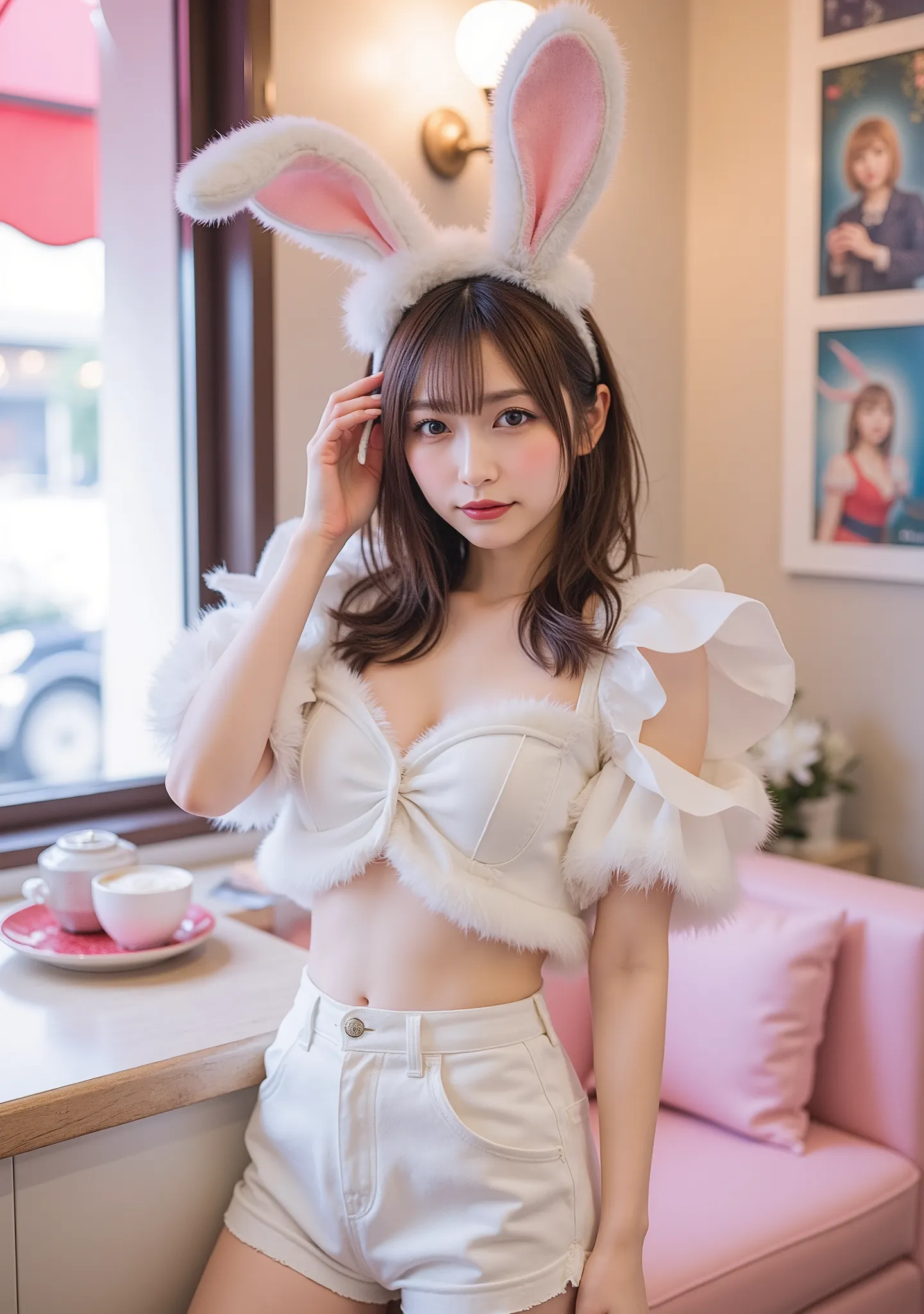 (top quality、table top、8k、best image quality、超A high resolution:1.5, (Photorealistic:1.4),masterpiece:1.2,(top-quality:1.4)、Raw photo)、Woman working at a cafe、Cafe staff uniform、Fluffy White Bunny Girl Outfitを着た若い女性、Beautiful Elegant Japanese Woman、Most E...