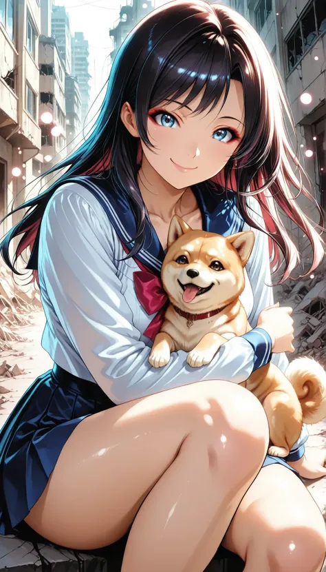 Gal, Shiba Inus and School Girls, cute Shiba Inu:1.2, sailor suit, Pleated Skirt, アニメBeautiful girl, (End of the World, Ruined City Background, broken building), school uniform, Smile Yan:1.2, Saggy Eyes, (Bring Shiba Inus:1.2, sitting holding the knee), H...