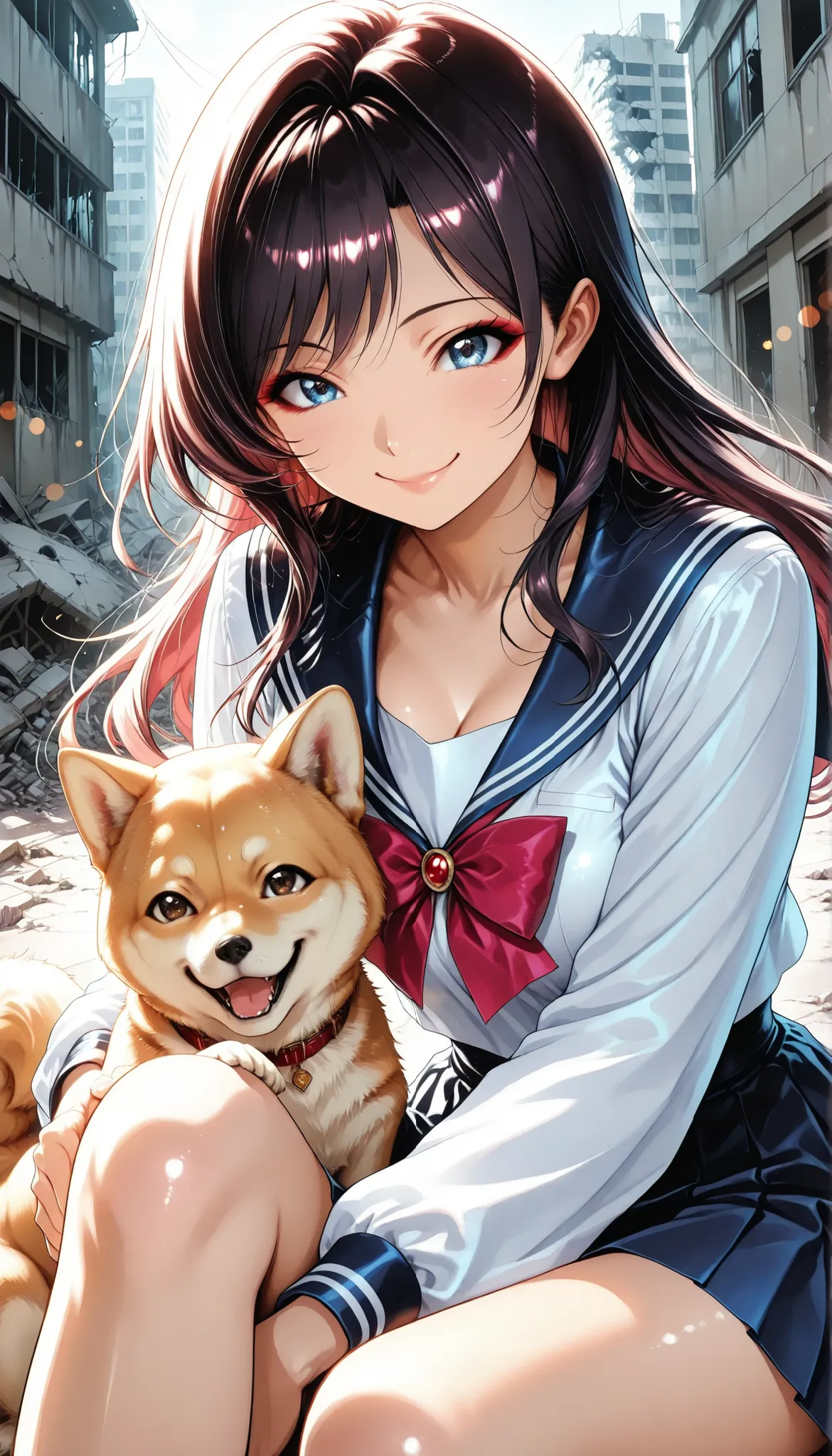 Gal, Shiba Inus and School Girls, cute Shiba Inu:1.2, sailor suit, Pleated Skirt, アニメBeautiful girl, (End of the World, Ruined City Background, broken building), school uniform, Smile Yan:1.2, Saggy Eyes, (Bring Shiba Inus:1.2, sitting holding the knee), H...