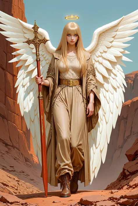The winged woman is angel. She has a mature bodybuilding  with big breasts , thin waist and wide hips. She has a peachy pale skin. She has glowing green eyes with star sigils. She has angel wings on her head.  She has longest  blond gold  straight hair, wi...
