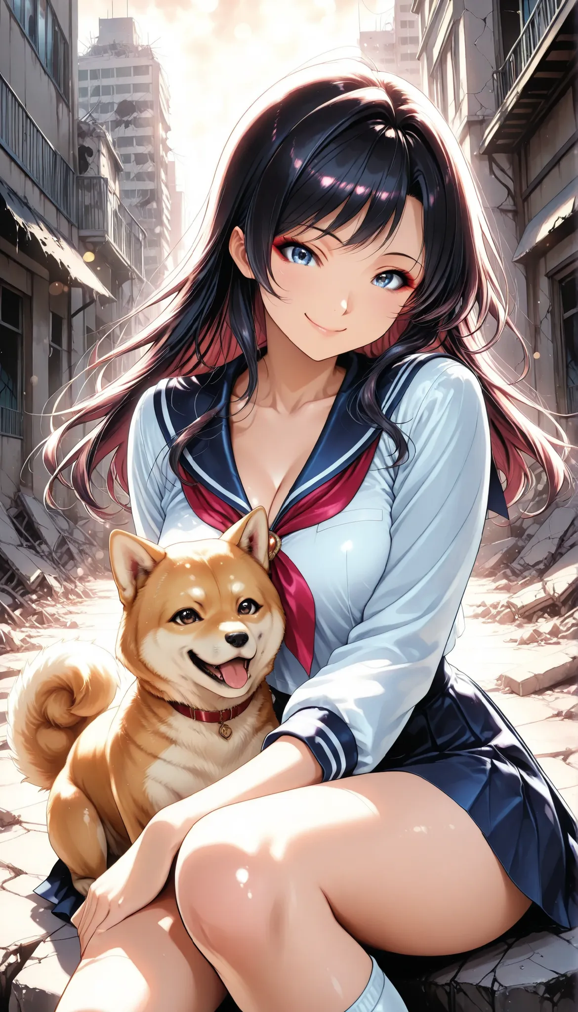 Gal, Shiba Inus and School Girls, cute Shiba Inu:1.2, sailor suit, Pleated Skirt, アニメBeautiful girl, (End of the World, Ruined City Background, broken building), school uniform, Smile Yan:1.2, Saggy Eyes, (Bring Shiba Inus:1.2, sitting holding the knee), H...
