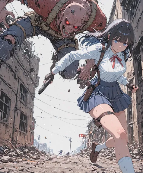 Last Stand Sprint: Bullet's Edge,Active angles.Thigh holster.Low angle. From below.,egmid,Woman running away、
Anime comic style illustration, zombie survival, action, "Armed JK" theme.Reddish zombie
Anime, Holding gun.Student uniforms. Pleated skirt. White...