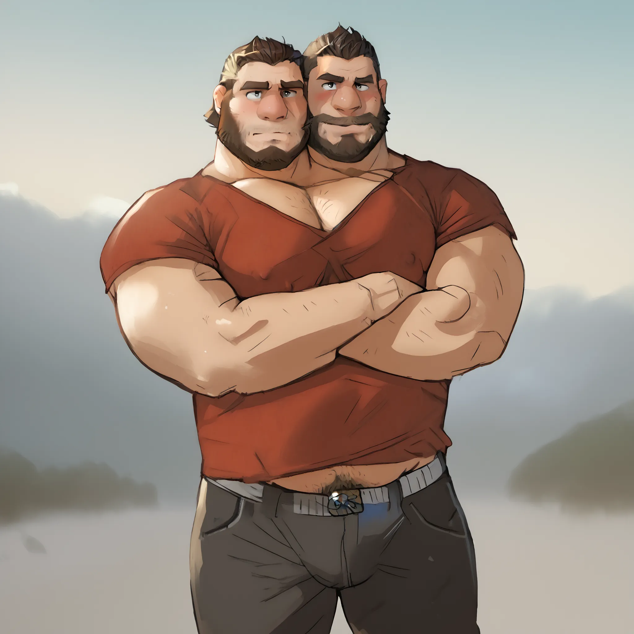(hairy bear father  and son conjoined)), solo, lumberjack, outside,  bulge, pants , underwear, wide shoulders, ((two heads one body)), two-headed ,  conjoined, black eyes, beard, father, comforting, eyes, adult, male, (thick body, correct hands), (best qua...