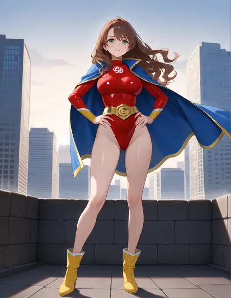 masterpiece, best quality, high resolution, intricate details, detailed background, professional, 8k, 1girl, adult woman, perfect hands, complete fingers, ideal anatomy, perfect proportions, heroic stance, long wavy brown hair, vibrant red superhero turtle...