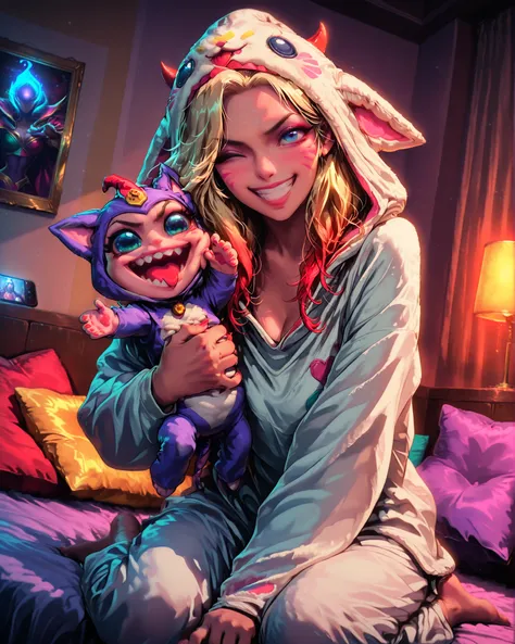 Masterpiece, ultra detailed, 4k resolution, cinematic lighting, dynamic angle, perfect anatomy, natural proportions, expressive faces, realistic shading, soft ambient occlusion, Miss Fortune from the game League of Legends wearing her pajama guardian skin,...