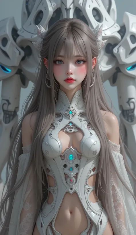 masterpiece, best image quality , 4K, Mecha , long hair, ash grey hair, cyberpunk,Shrine maiden, Achieve depth of field, blurry background,