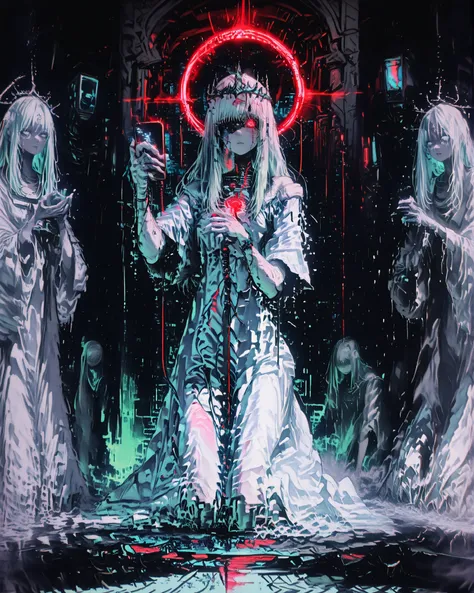 Masterpiece, ultra detailed, cinematic lighting, 4K resolution, cyberpunk aesthetic, surreal digital temple. A tall cybernetic priestess stands at the center, her body pale and ethereal. Her long hair is made of braided USB and data cables, flowing like wi...