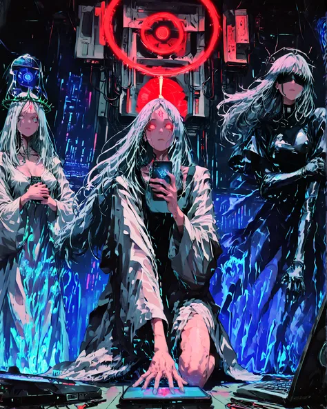 Masterpiece, ultra detailed, cinematic lighting, 4K resolution, cyberpunk aesthetic, surreal digital temple. A tall cybernetic priestess stands at the center, her body pale and ethereal. Her long hair is made of braided USB and data cables, flowing like wi...