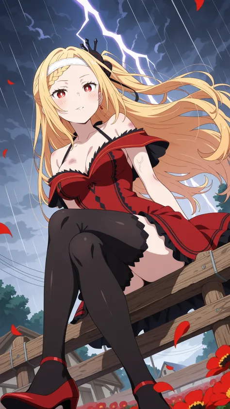 BREAK (masterpiece:1.2), best quality, high resolution, unity 8k wallpaper, (illustration:0.8),Endless field of crimson poppies thrashing under torrential rain, each thunderclap illuminating the petals like pulsing veins,distant farmhouse, Storm clouds bru...