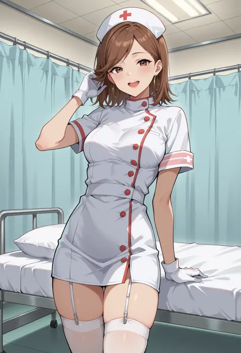 Score_9, score_8_up, score_7_up, source_anime, KJOdaia, solo, brown hair, brown eyes, medium hair, swept bangs, hoop earrings, (best quality), (high quality), {masterpiece}, extremely delicate and beautiful, ultra-detailed, beautiful detailed eyes, nurse, ...