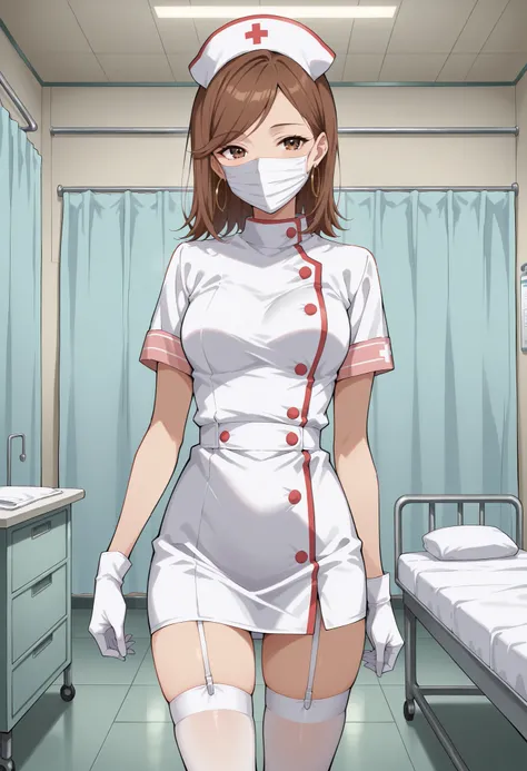 Score_9, score_8_up, score_7_up, source_anime, KJOdaia, solo, brown hair, brown eyes, medium hair, swept bangs, hoop earrings, (best quality), (high quality), {masterpiece}, extremely delicate and beautiful, ultra-detailed, beautiful detailed eyes, nurse, ...