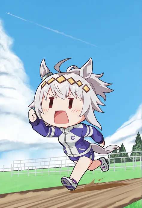 ( chibi:1.3),Gricape \(Uma Musume\), Running, solo, Horse Ears, Tail, horse Tail, open your mouth, jacket, Stupid hair, ponyTail, underwear, long sleeve, cloud, null, track jacket, Outdoors, chest, day, various hairstyles, blue null, shoes, purple und...