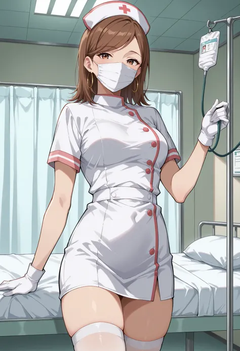 Score_9, score_8_up, score_7_up, source_anime, KJOdaia, solo, brown hair, brown eyes, medium hair, swept bangs, hoop earrings, (best quality), (high quality), {masterpiece}, extremely delicate and beautiful, ultra-detailed, beautiful detailed eyes, nurse, ...