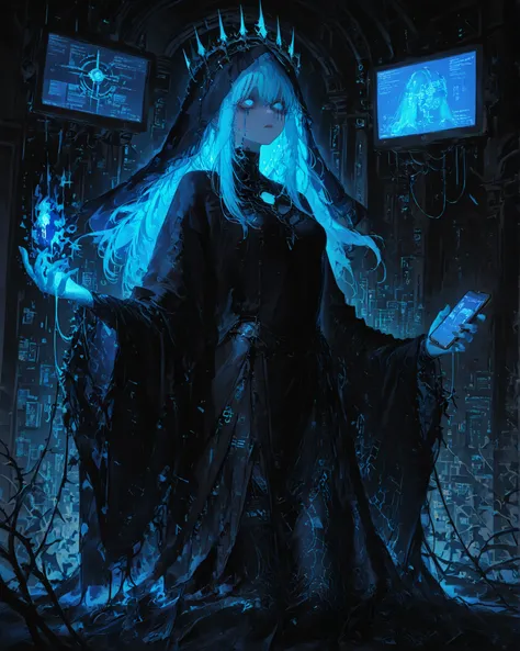 Masterpiece, ultra detailed, 4K resolution, cinematic lighting, dark surreal cyberpunk atmosphere. A tall cybernetic priestess stands solemnly in the center of a vast digital cathedral. Her skin is pale and smooth, with a ghostly glow, and her long hair is...