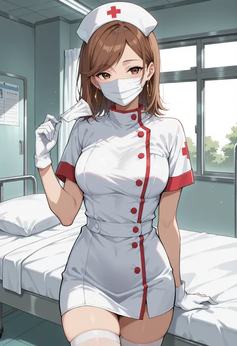 Score_9, score_8_up, score_7_up, source_anime, KJOdaia, solo, brown hair, brown eyes, medium hair, swept bangs, hoop earrings, (best quality), (high quality), {masterpiece}, extremely delicate and beautiful, ultra-detailed, beautiful detailed eyes, nurse, ...