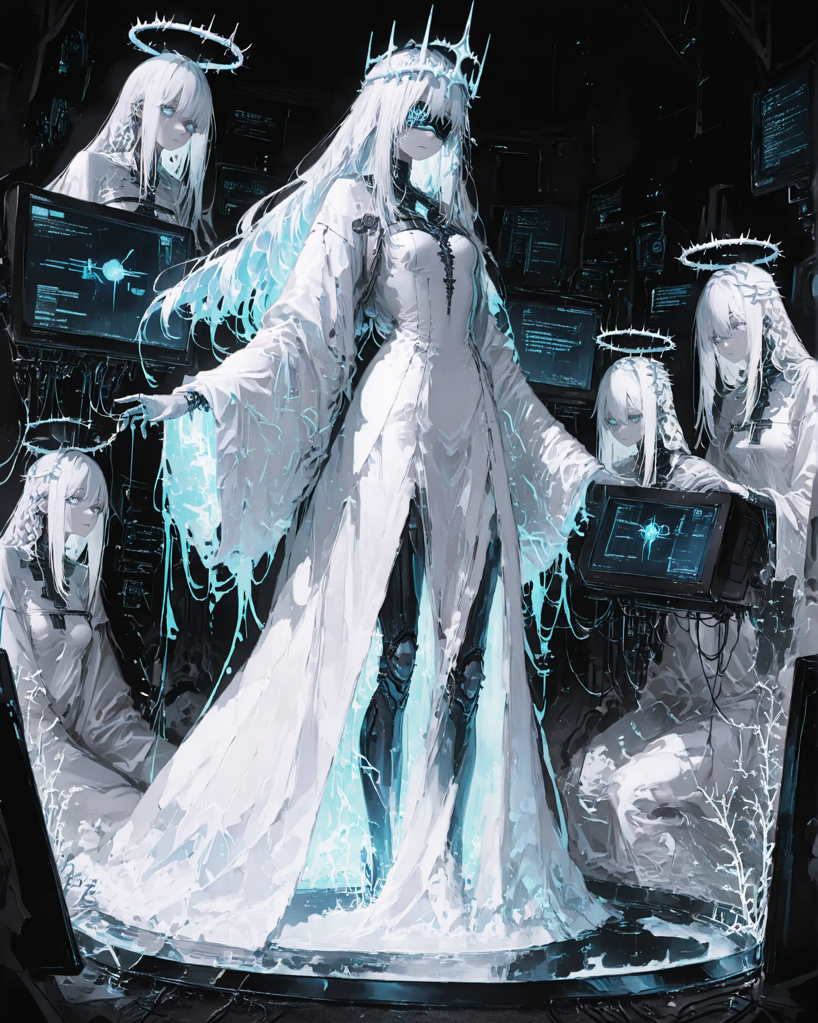 Masterpiece, ultra detailed, cinematic lighting, 4K resolution, cyberpunk aesthetic, surreal digital temple. A tall cybernetic priestess stands at the center, her body pale and ethereal. Her long hair is made of braided USB and data cables, flowing like wi...
