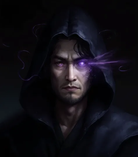 grimdark,w4rh4mm3r style oil painting,An atmospheric, close-up portrait of a haunted-looking man with distinct Korean features, his black hair slightly disheveled. His eyes are the most striking feature: one is a deep, soulful brown, while the other is a m...