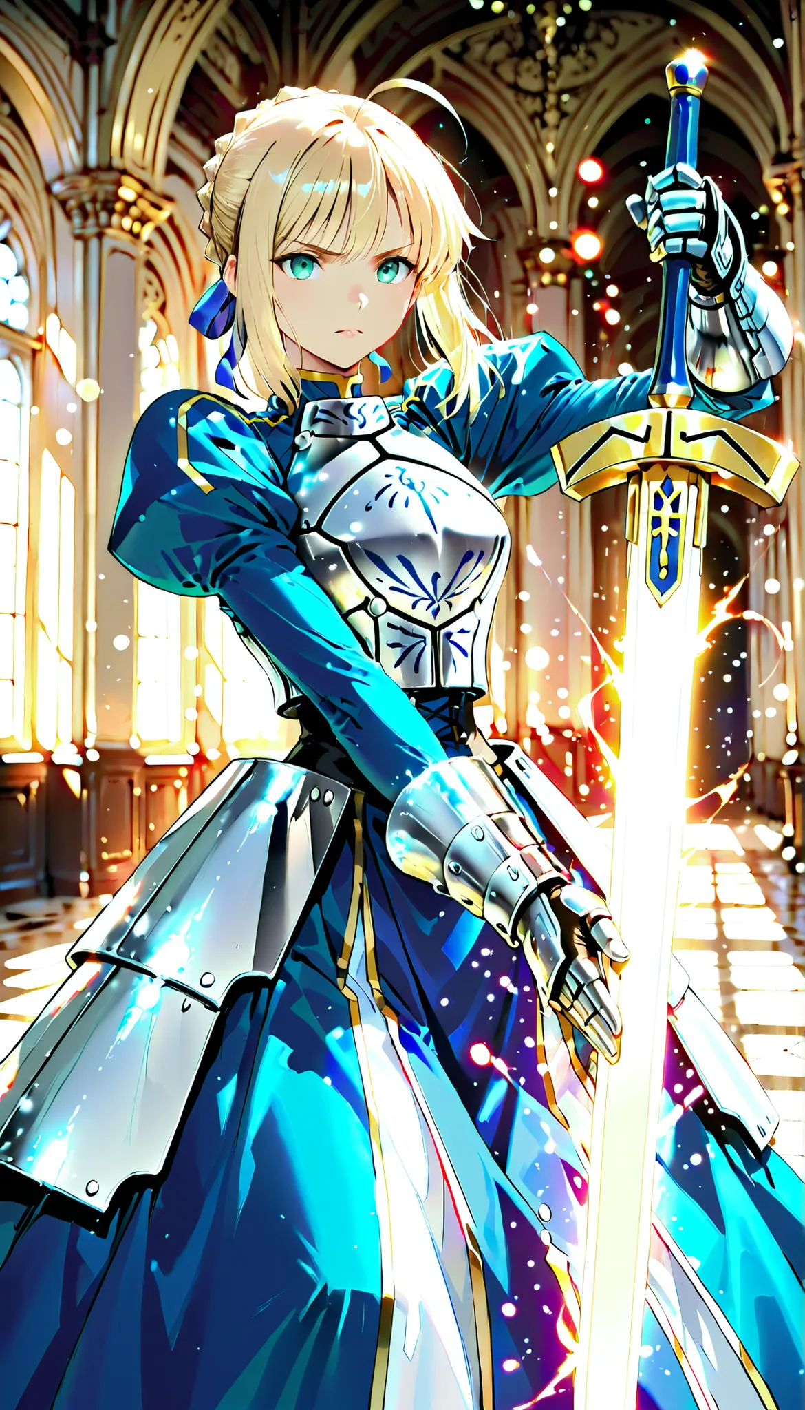 Gal, GAL, serious expression:1.2, Saggy Eyes, (combat action:1.2, Beautiful sword skills, Excalibur, Excaliburを構えて剣先はフレーム外へ伸びる、Composition with a shallow depth of field where you can feel depth, SHOCKING EFFECTS:1.4), アニメBeautiful girl, saber,(fate/stay ni...