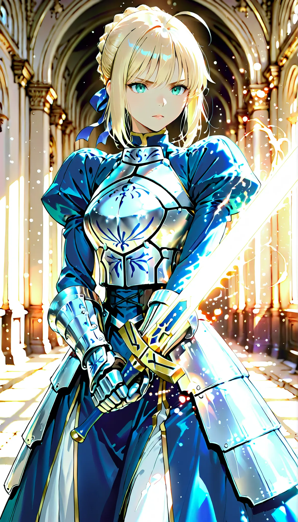 Gal, GAL, serious expression:1.2, Saggy Eyes, (combat action:1.2, Beautiful sword skills, Excalibur, Excaliburを構えて剣先はフレーム外へ伸びる、Composition with a shallow depth of field where you can feel depth, SHOCKING EFFECTS:1.4), アニメBeautiful girl, saber,(fate/stay ni...