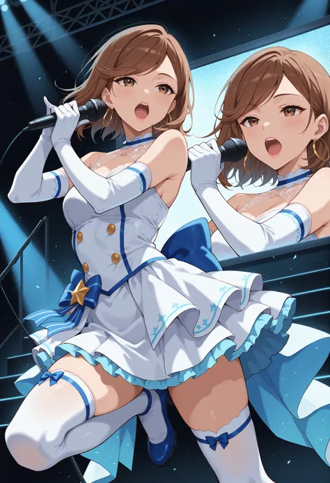 Score_9, score_8_up, score_7_up, source_anime, KJOdaia, solo, brown hair, brown eyes, medium hair, swept bangs, hoop earrings, (best quality), (high quality), {masterpiece}, extremely delicate and beautiful, ultra-detailed, beautiful detailed eyes, idol, i...