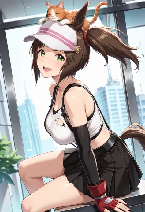 (masterpiece, best quality, perfect face:1.4), wide angle, ines fujin \(umamusume\), 1girl, horse ears, freckles, side ponytail, floating hair, visor cap, ear ornament, horse ears, horse tail, tail on the lower back, proportional body, proportional, beauti...