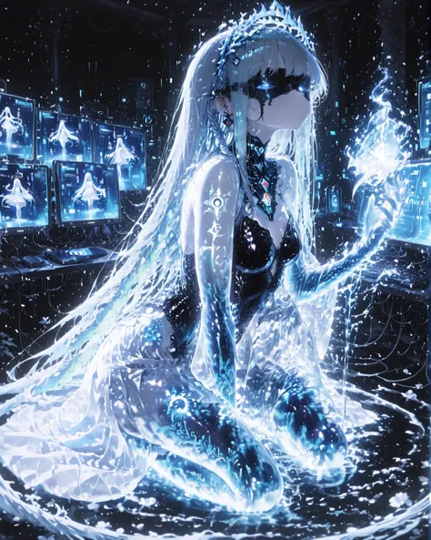 Masterpiece, ultra detailed, cinematic lighting, 4K resolution, cyberpunk aesthetic, surreal digital temple. A tall cybernetic priestess stands at the center, her body pale and ethereal. Her long hair is made of braided USB and data cables, flowing like wi...
