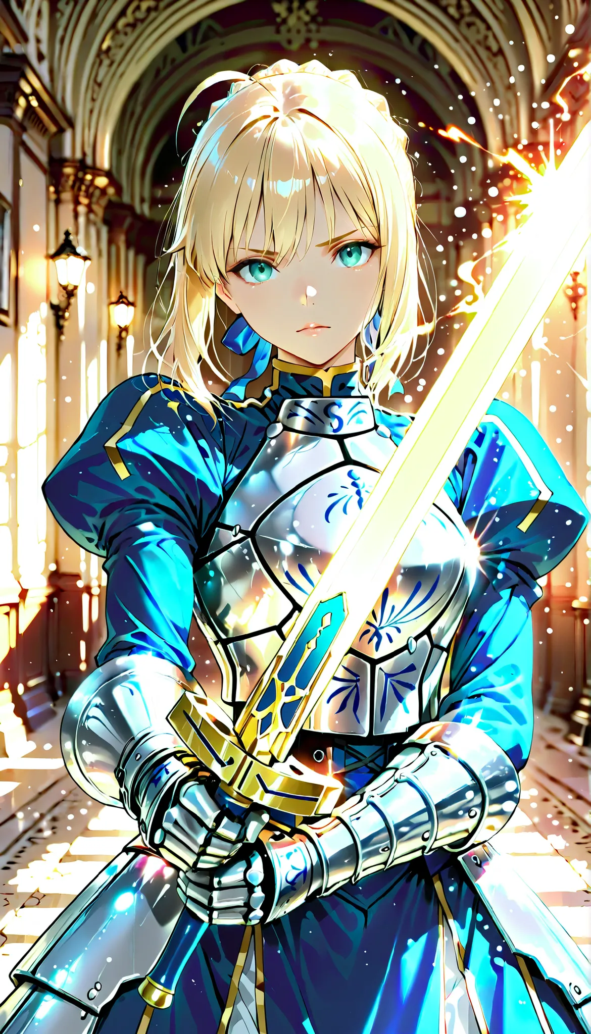 Gal, GAL, serious expression:1.2, Saggy Eyes, (combat action:1.2, Beautiful sword skills, Excalibur, Excaliburを構えて剣先はフレーム外へ伸びる、Composition with a shallow depth of field where you can feel depth, SHOCKING EFFECTS:1.4), アニメBeautiful girl, saber,(fate/stay ni...