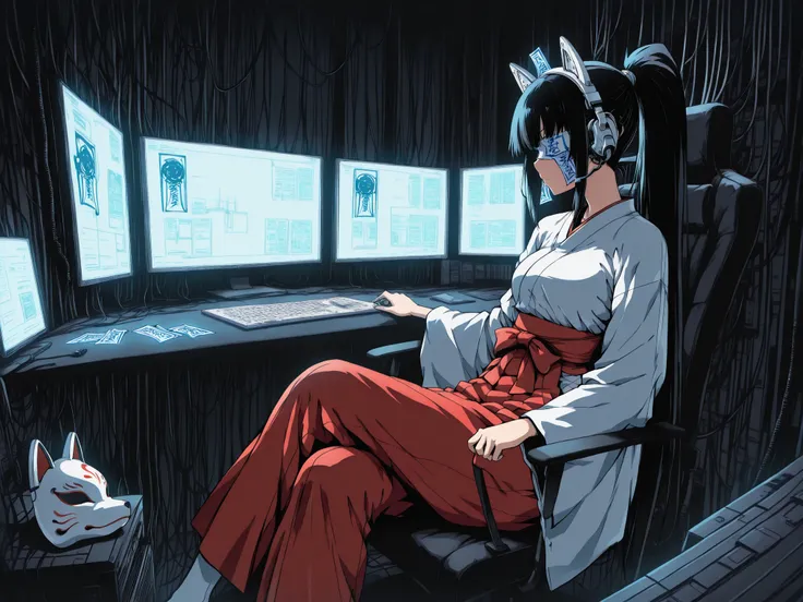 masterpiece, best quality, amazing quality, very aesthetic, foreshortening, 1 girl, miko, hacker, headset, mask on face, fox mask, (((wires and cords connected to headset))), holographic consoles, black hair, ponytail, extremely long ponytail, sitting on a...