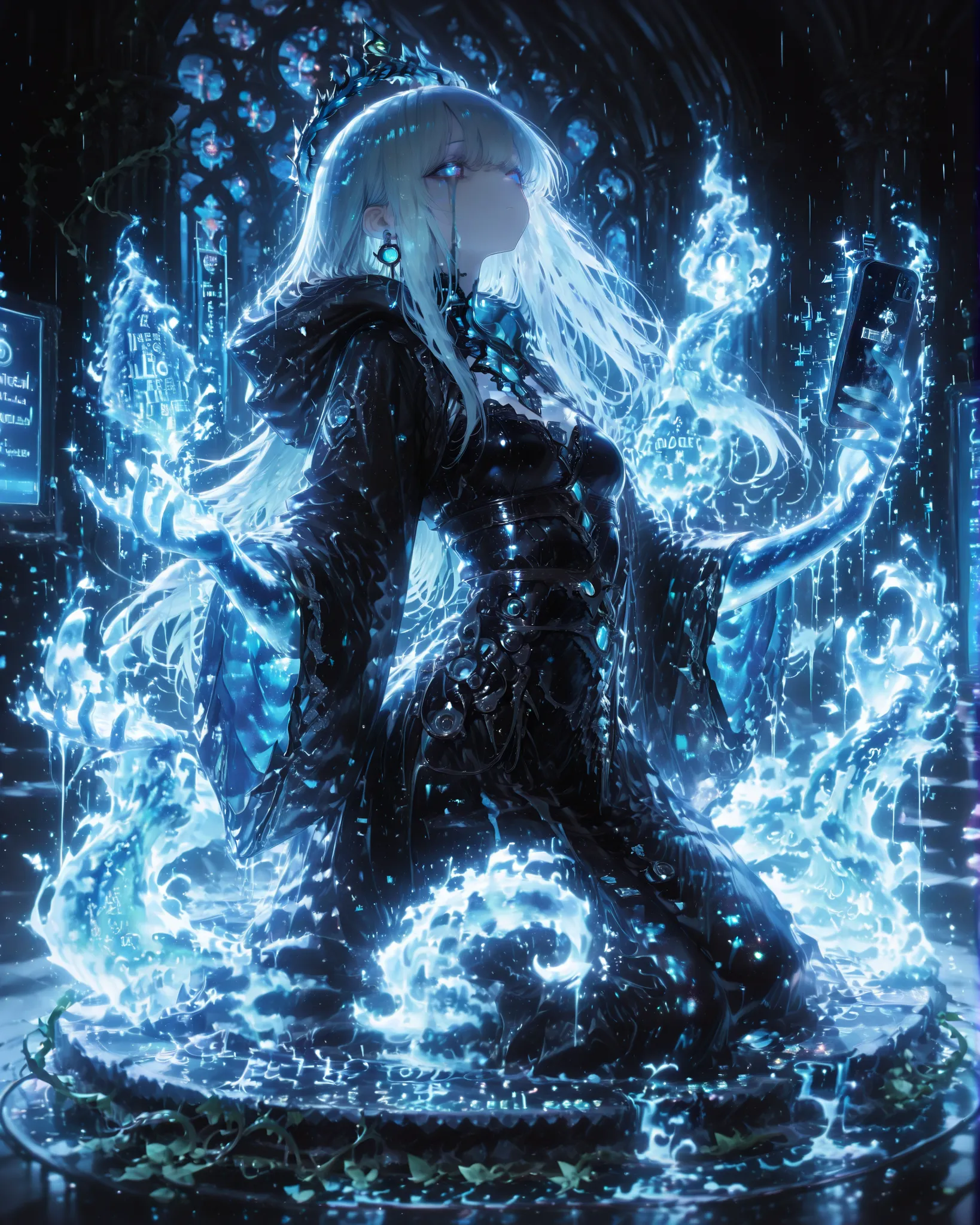 Masterpiece, ultra detailed, 4K resolution, cinematic lighting, dark surreal cyberpunk atmosphere. A tall cybernetic priestess stands solemnly in the center of a vast digital cathedral. Her skin is pale and smooth, with a ghostly glow, and her long hair is...