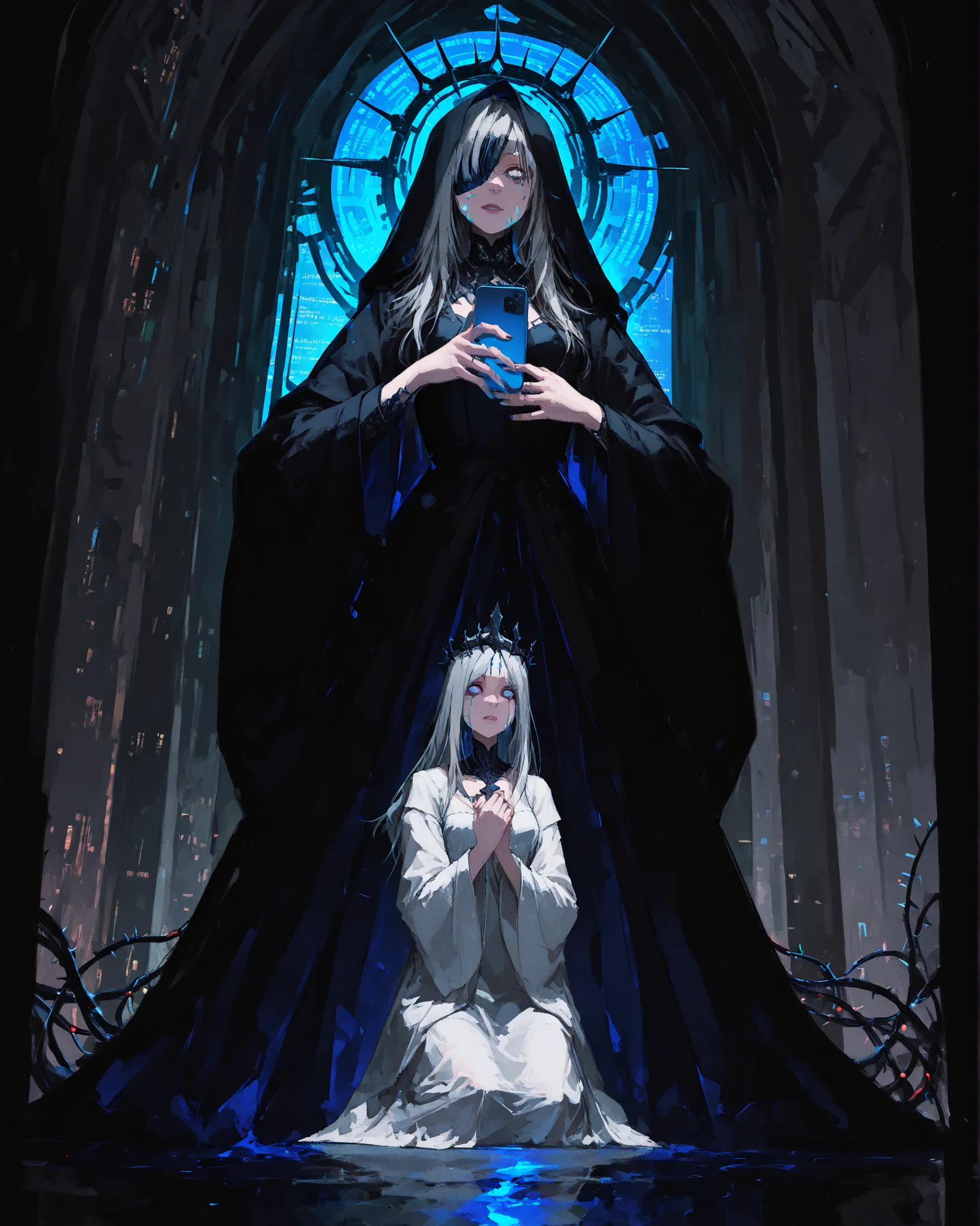 Masterpiece, ultra detailed, 4K resolution, cinematic lighting, dark surreal cyberpunk atmosphere. A tall cybernetic priestess stands solemnly in the center of a vast digital cathedral. Her skin is pale and smooth, with a ghostly glow, and her long hair is...