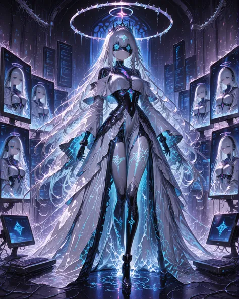 Masterpiece, ultra detailed, cinematic lighting, 4K resolution, cyberpunk aesthetic, surreal digital temple. A tall cybernetic priestess stands at the center, her body pale and ethereal. Her long hair is made of braided USB and data cables, flowing like wi...