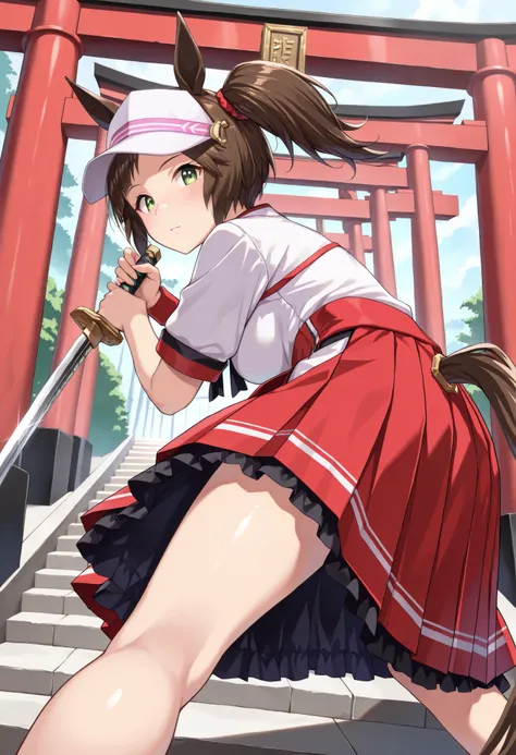 (masterpiece, best quality, perfect face:1.4), wide angle, ines fujin \(umamusume\), 1girl, horse ears, freckles, side ponytail, floating hair, visor cap, ear ornament, horse ears, horse tail, tail on the lower back, proportional body, proportional, beauti...
