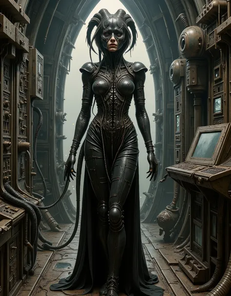 Dark malevolent cyber-goddess, a derelict spaceship, style of HR Giger, a once fully human woman has morphed and melded into the architecture and structure of the space spice, her face is beautiful but vacant, devoid of human love and sentiment, tubes and ...