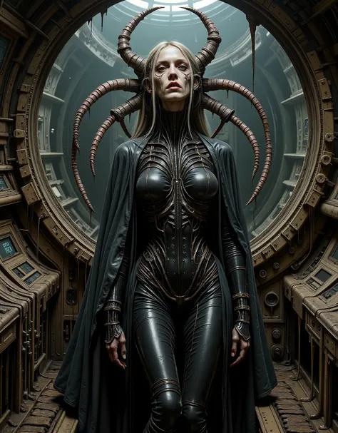 Dark malevolent cyber-goddess, a derelict spaceship, style of HR Giger, a once fully human woman has morphed and melded into the architecture and structure of the space spice, her face is beautiful but vacant, devoid of human love and sentiment, tubes and ...