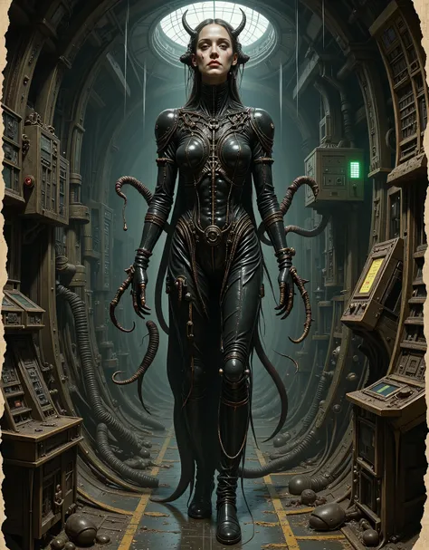 Dark malevolent cyber-goddess, a derelict spaceship, style of HR Giger, a once fully human woman has morphed and melded into the architecture and structure of the space spice, her face is beautiful but vacant, devoid of human love and sentiment, tubes and ...