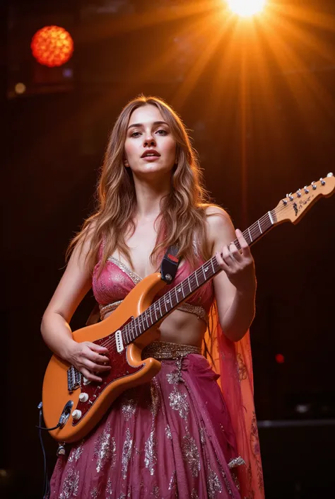 A beautiful woman with golden brown, shiny hair sings passionately while playing an electric guitar on stage.
Her hair gleams under a soft, warm spotlight from behind, creating a radiant halo effect that adds to her ethereal presence.
She wears a flowing s...
