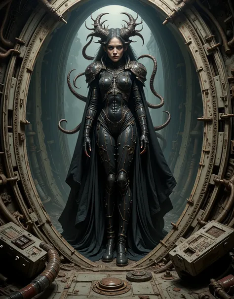 Dark malevolent cyber-goddess, a derelict spaceship, style of HR Giger, a once fully human woman has morphed and melded into the architecture and structure of the space spice, her face is beautiful but vacant, devoid of human love and sentiment, tubes and ...
