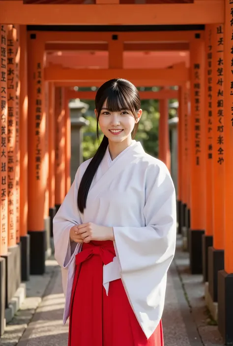 A highly detailed portrait of a beautiful Japanese woman with a slender figure, long hair tied in a ponytail, wearing traditional miko shrine maiden attire. She poses for a commemorative photo beneath the vivid red torii gates of Fushimi Inari Taisha, the ...