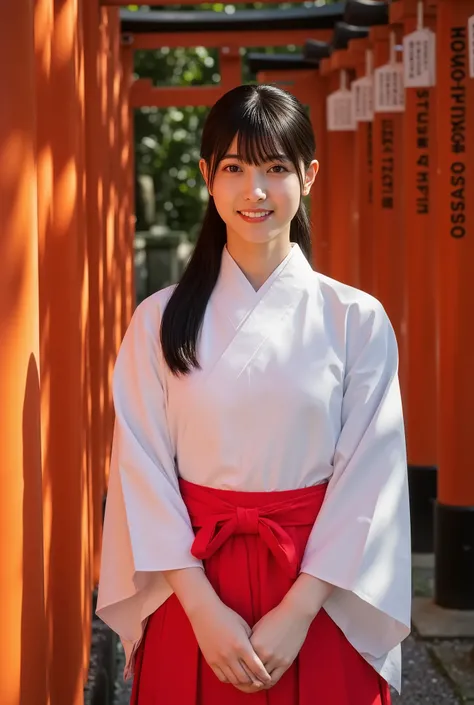 A highly detailed portrait of a beautiful Japanese woman with a slender figure, long hair tied in a ponytail, wearing traditional miko shrine maiden attire. She poses for a commemorative photo beneath the vivid red torii gates of Fushimi Inari Taisha, the ...