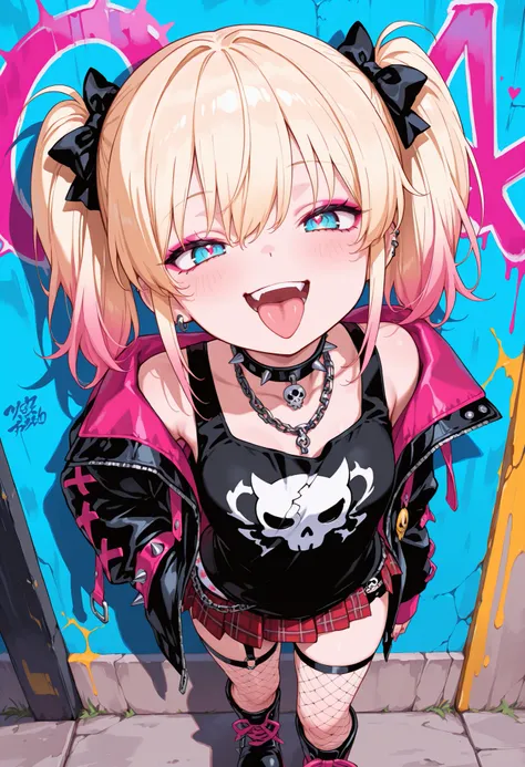 (masterpiece:1.3), 8K, best quality, ultra high resolution, (1 mesugaki girl), An anime girl with a mischievous expression and tongue out, standing in front of a grungy, graffiti-covered wall, She has short blonde hair with turquoise blue tips, bright neon...