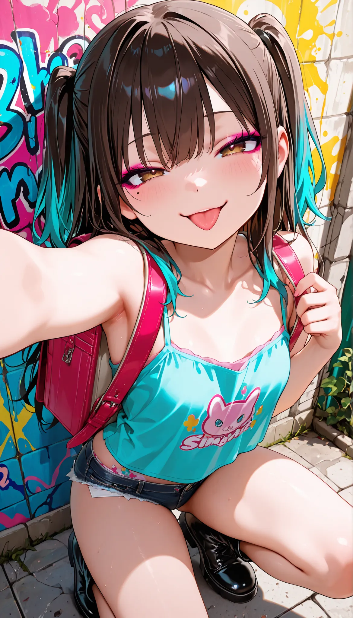 (masterpiece:1.3), 8K, best quality, ultra high resolution, (1 mesugaki girl), An anime girl with a mischievous expression and tongue out, standing in front of a grungy, graffiti-covered wall, She has short brown hair with turquoise blue tips, two side up,...