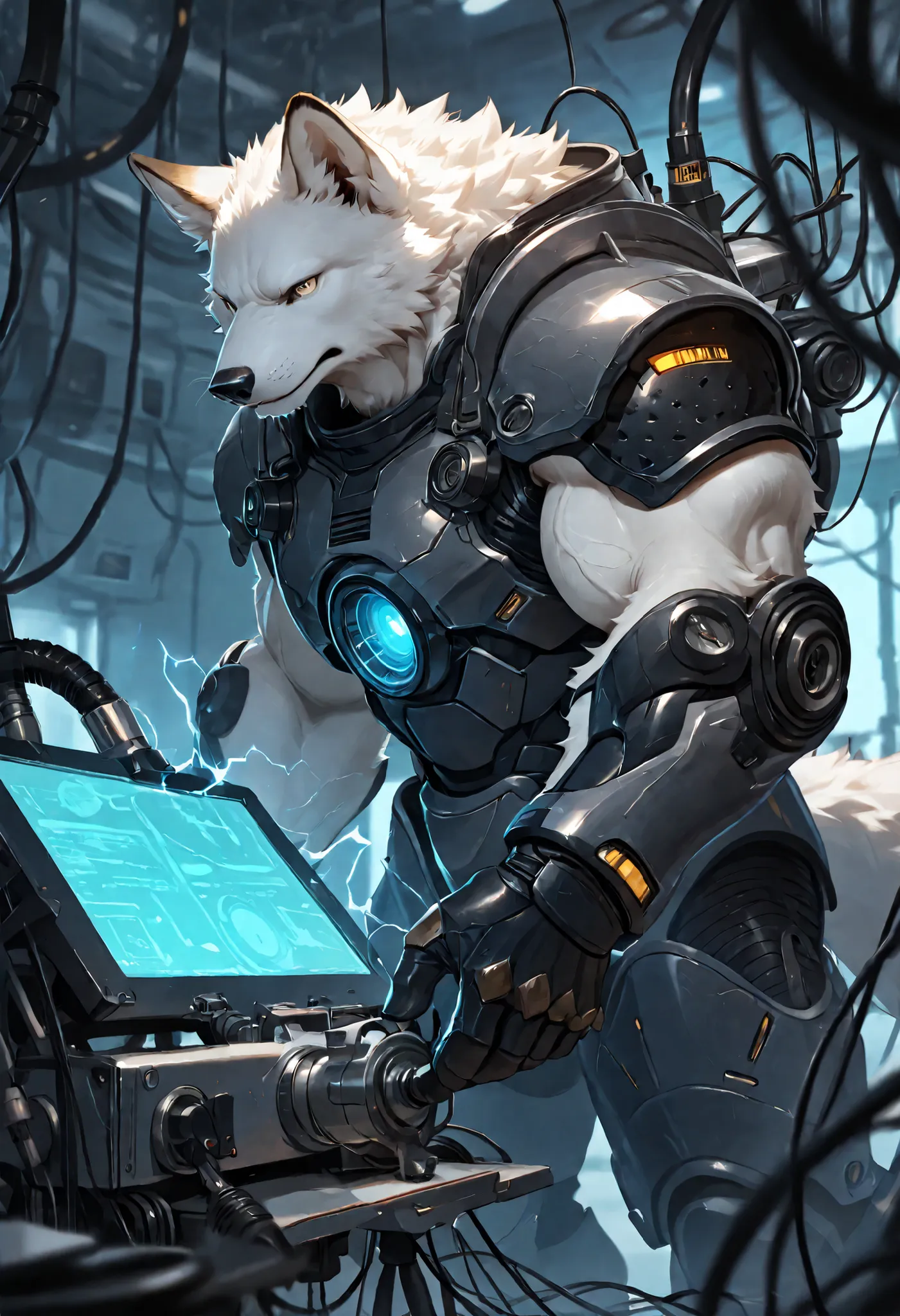 realistic, real shadow and light,depth of field, Athlete body, commission for high res, anthropomorphic, there is a white fox, fluffy, furry, wearing full metal armor, armed, electric engine, Laboratory, Lab, Maintenance tools, electrical wires, veins, ele...