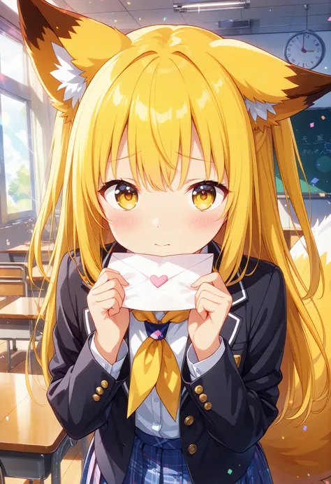 (masterpiece, top quality), (colorful),one person, fox ears,fox tail,yellow long hair,Yellow Eyes, is shy、((Having a love letter、Hold out )),classroom, uniform,skirt、student、super precise illustration, Highly detailed , dynamic angle to listen to orders, B...