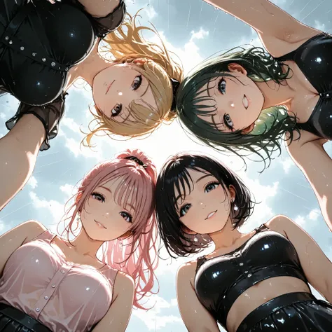 4girls,((close up)),((((from below)))),hug each other tight ,long hair,high ponytail,short bob hair,looking viewer,black Hair, blond hair,green hair,pink hair,((glamorous)), black belly button tank top,mini black skirt, clear makeup, sing with a microphone...