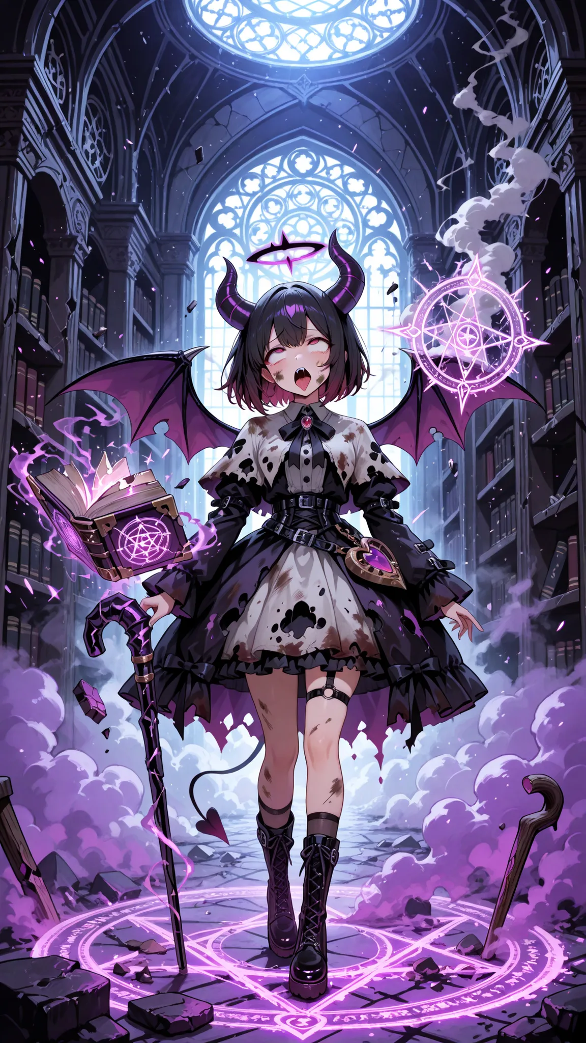 Ultra High Definition, Masterpiece, Perfect Details, SD Character Demon, Outburst Magical Light, smoke, Large teary eyes, Cute Devil's Wings, Dirty Mage Clothes, Rolling eyes, Scattering Magic Book, Broken cane , Purple Magic Circle , Gothic Library