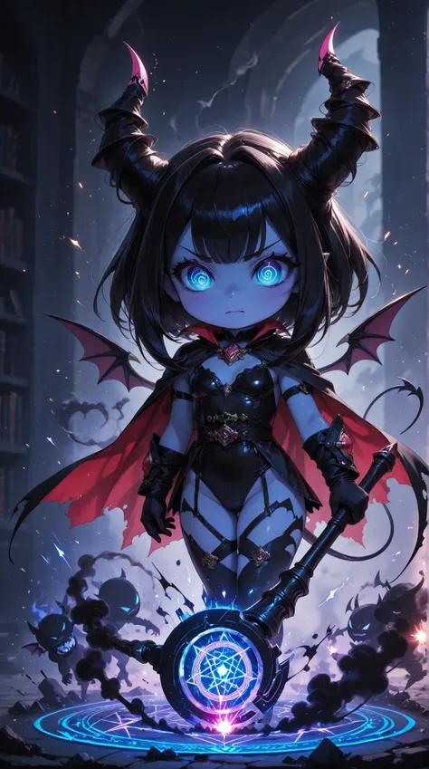 artistic, Ultra High Definition, Deformed Devil, Failure Magical Sparks, Black smoke, Uluru Hitomi , Tiny Wings, tattered cape, Swirl eyes, Scattering Magic Tool, Straight Wands, Blue magic circle, Fantasy Library