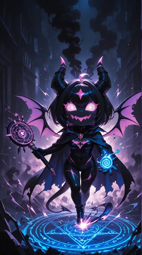 artistic, Ultra High Definition, Deformed Devil, Failure Magical Sparks, Black smoke, Uluru Hitomi , Tiny Wings, tattered cape, Swirl eyes, Scattering Magic Tool, Straight Wands, Blue magic circle, Fantasy Library